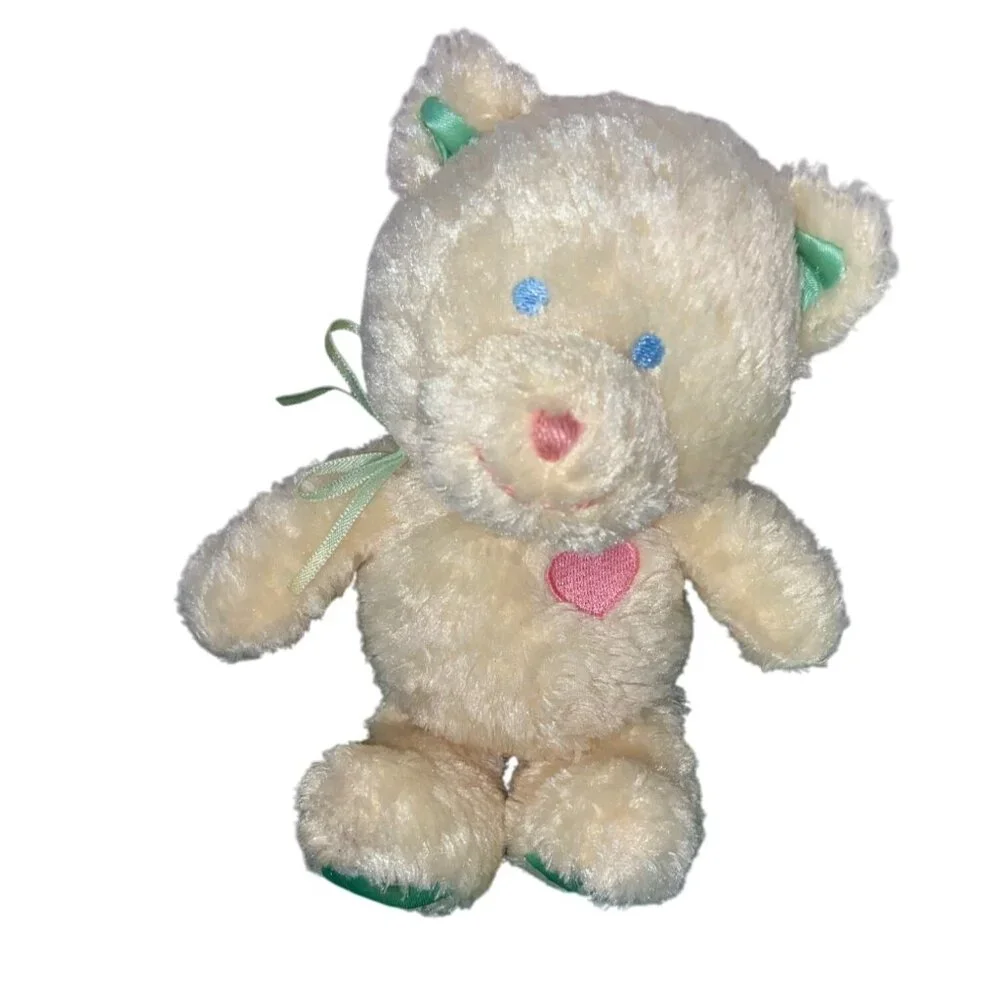 Gund Heads & Tails Pale Yellow Plush Kitty Cat Rattle, Green Satin‎ Feet, 8”